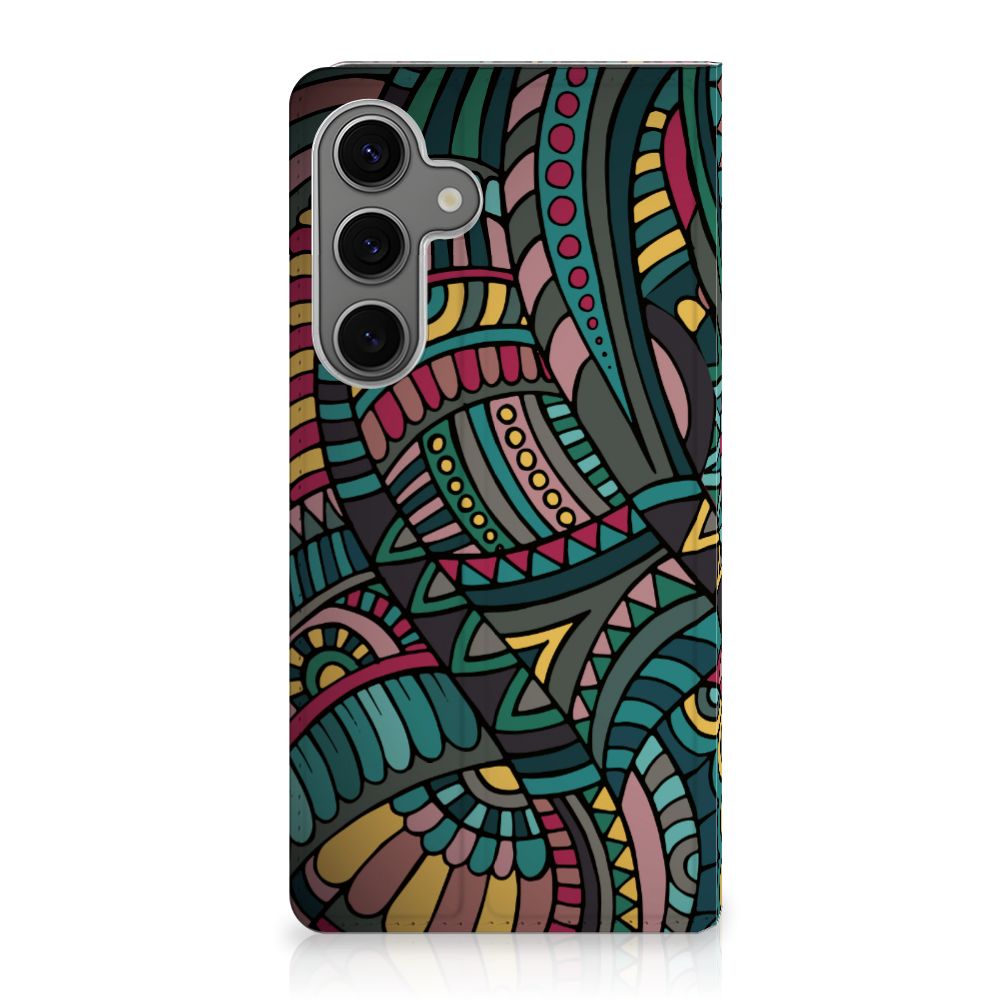 Samsung Galaxy S25 Plus Hoesje met Magneet Aztec retro kleuren design achteraanzicht
