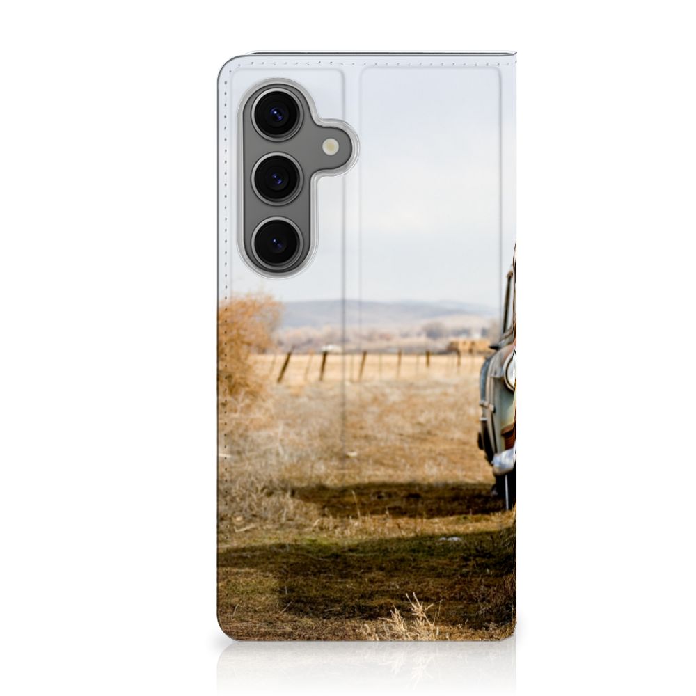 Samsung Galaxy S25 Stand Case Vintage Auto boekhoes vintage auto aanzicht