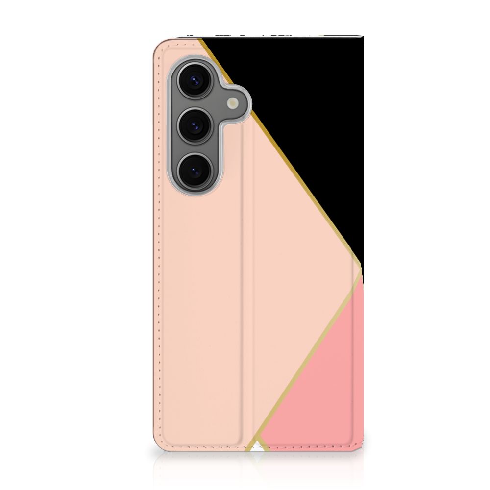 Samsung Galaxy S25 Stand Case Zwart Roze Vormen design zwart roze aanzicht