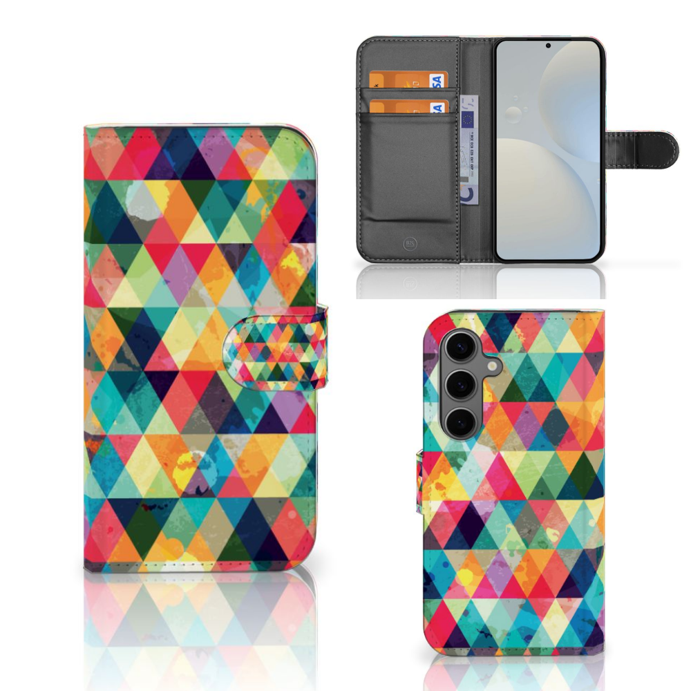 Samsung Galaxy S25 Telefoon Hoesje Geruit kleurrijk geometrisch design bookcase aanzicht