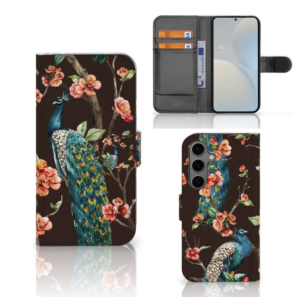 Samsung Galaxy S25 Telefoonhoesje met Pasjes Pauw met Bloemen telefoonhoesje pauw bloemen aanzicht