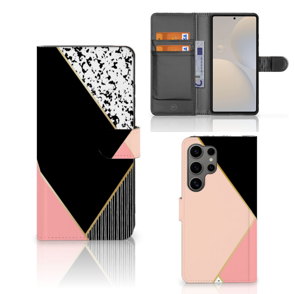 Samsung Galaxy S25 Ultra Book Case Zwart Roze Vormen bookcase geometrisch ontwerp aanzicht