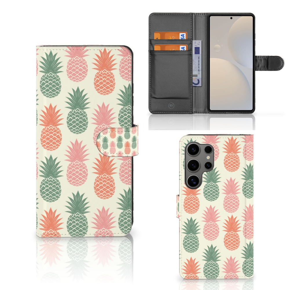 Samsung Galaxy S25 Ultra Book Cover Ananas telefoonhoesje ananas design voorkant achterkant binnenkant