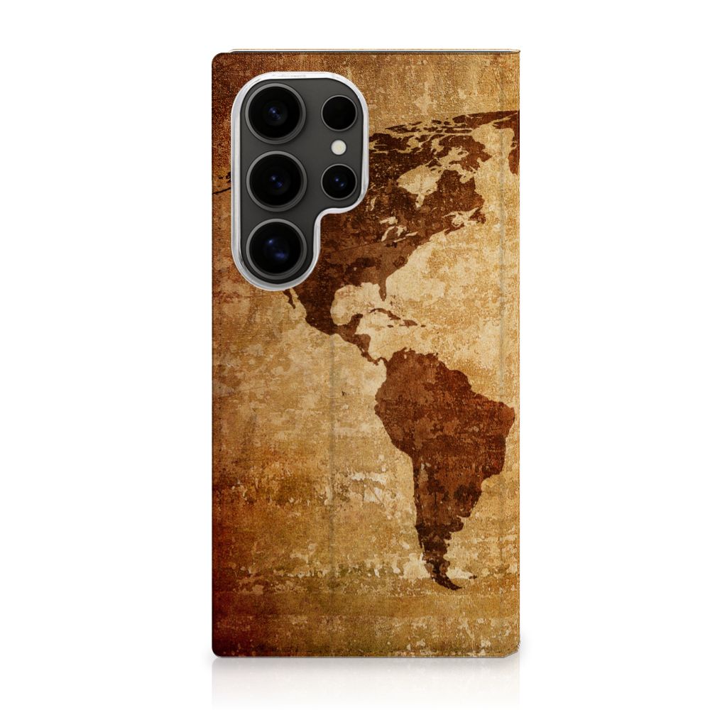 Samsung Galaxy S25 Ultra Book Cover Wereldkaart wereldkaart bruin tekstuur vooraanzicht