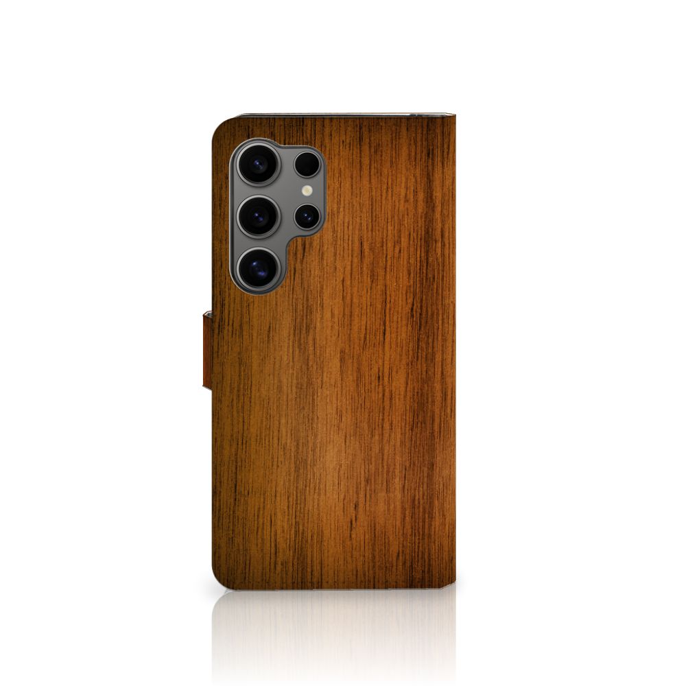 Samsung Galaxy S25 Ultra Book Style Case Donker Hout achterkant houten print