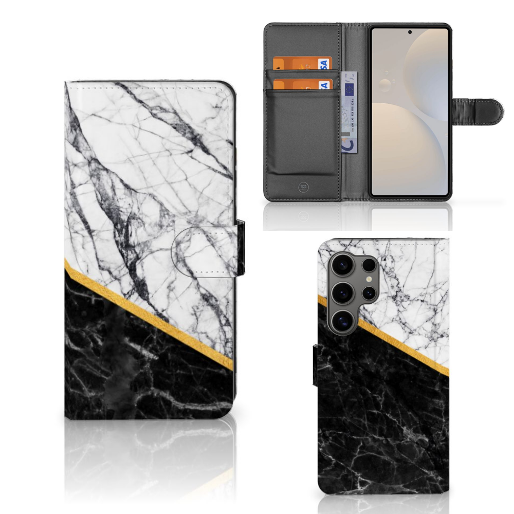 Samsung Galaxy S25 Ultra Bookcase Marmer Wit Zwart design boekcasemodel voorkant zijkant