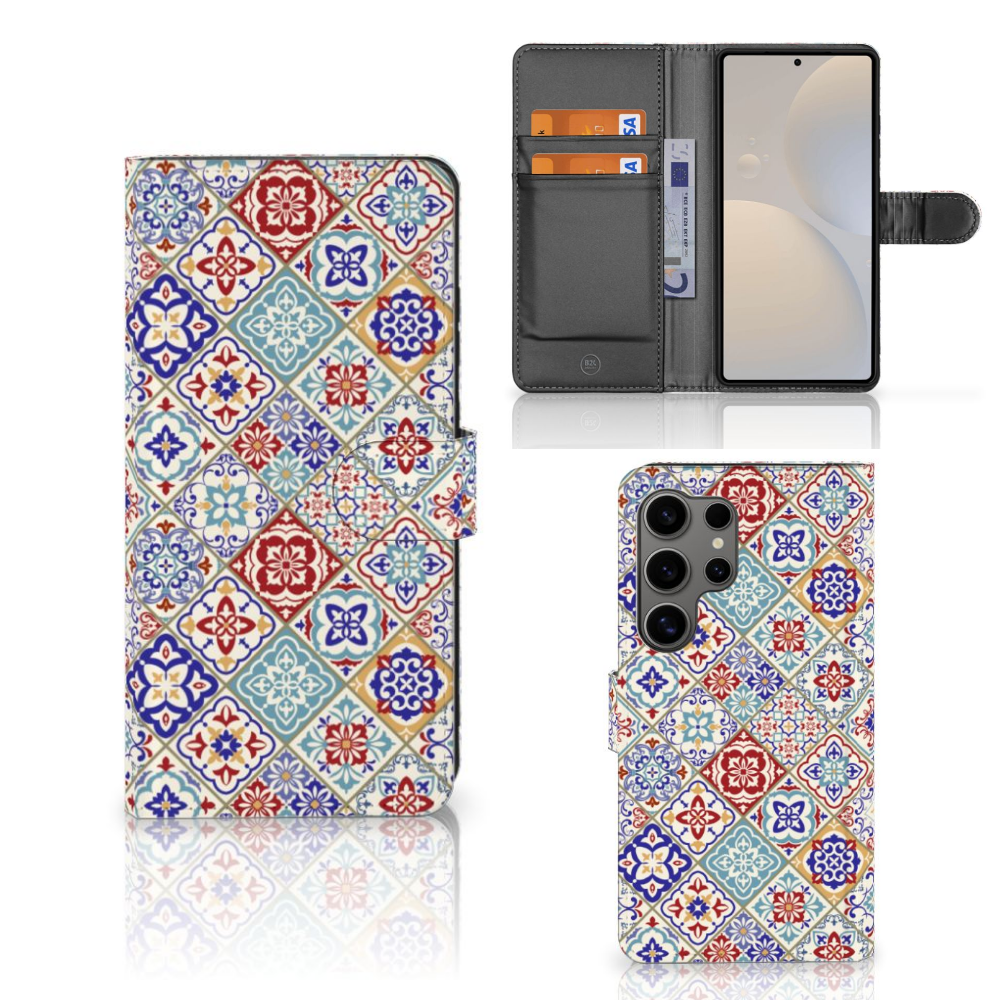 Samsung Galaxy S25 Ultra Bookcase Tiles Color boekhoes vintage design voorkant binnenzijde