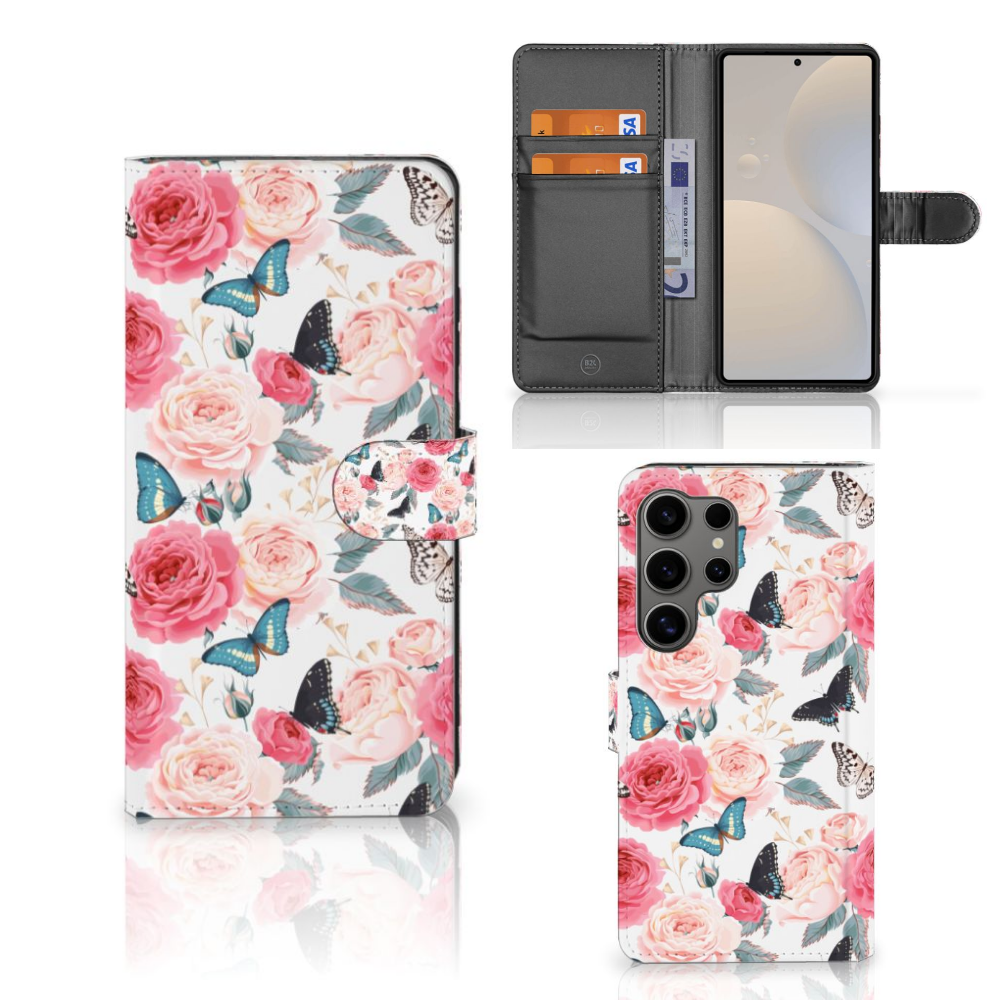 Samsung Galaxy S25 Ultra Hoesje Butterfly Roses boekhoesje vlinders rozen vooraanzijde zijaanzicht