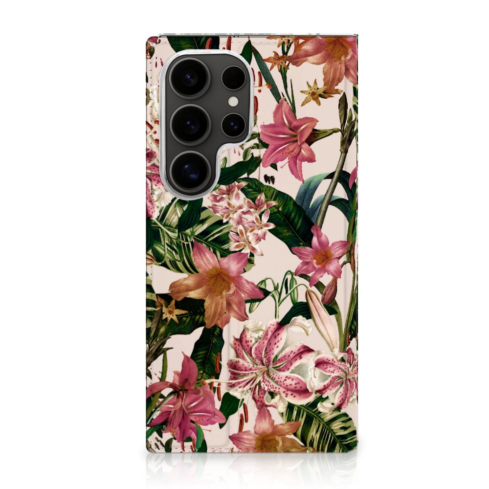 Samsung Galaxy S25 Ultra Smart Cover Flowers bloemendesign paarswit voorkant