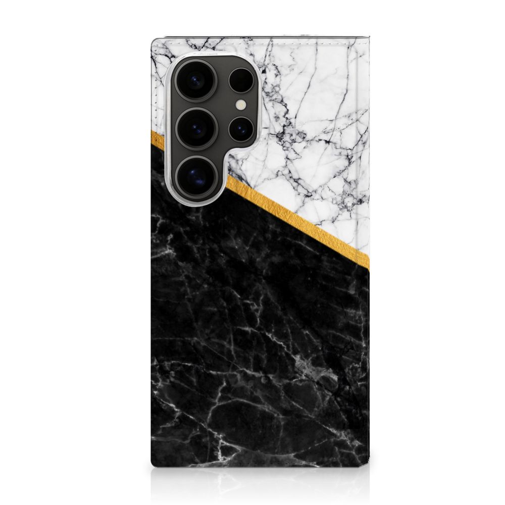 Samsung Galaxy S25 Ultra Standcase Marmer Wit Zwart Hoesje Design Zwartwit Marmer Aanzicht
