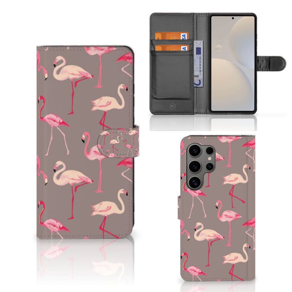 Samsung Galaxy S25 Ultra Telefoonhoesje met Pasjes Flamingo flamingo design vooraanzicht binnenaanzicht