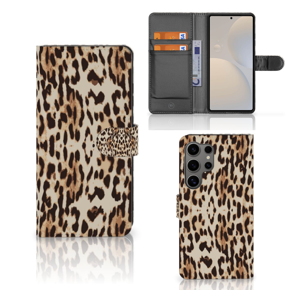 Samsung Galaxy S25 Ultra Telefoonhoesje met Pasjes Leopard telefoonhoesje dierenprint vooraan en achteraan
