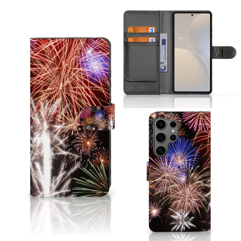 Samsung Galaxy S25 Ultra Wallet Case met Pasjes Vuurwerk siervuurwerk design voorkant en binnenkant