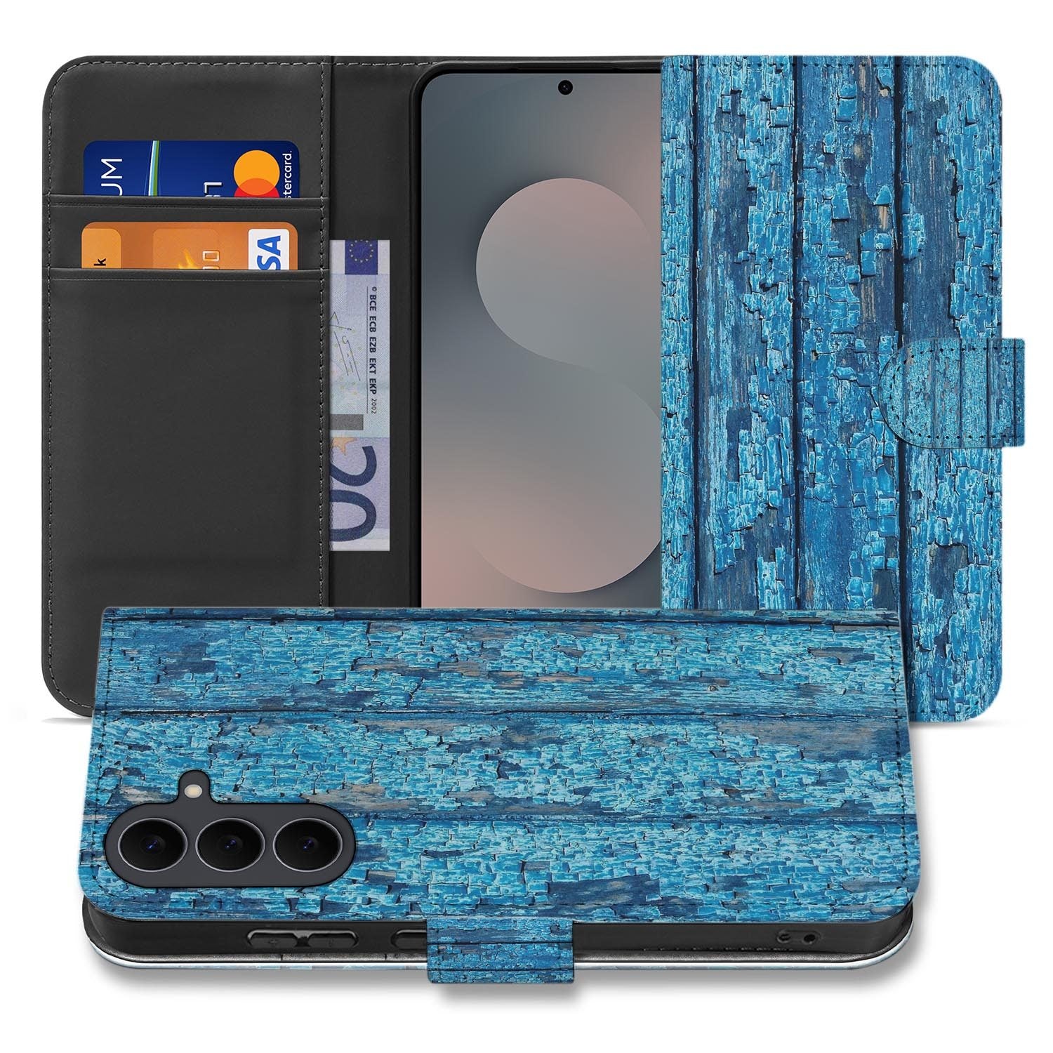 Samsung Galaxy S26 FE bookcase hoesje met Wood Blue houtprint in blauw