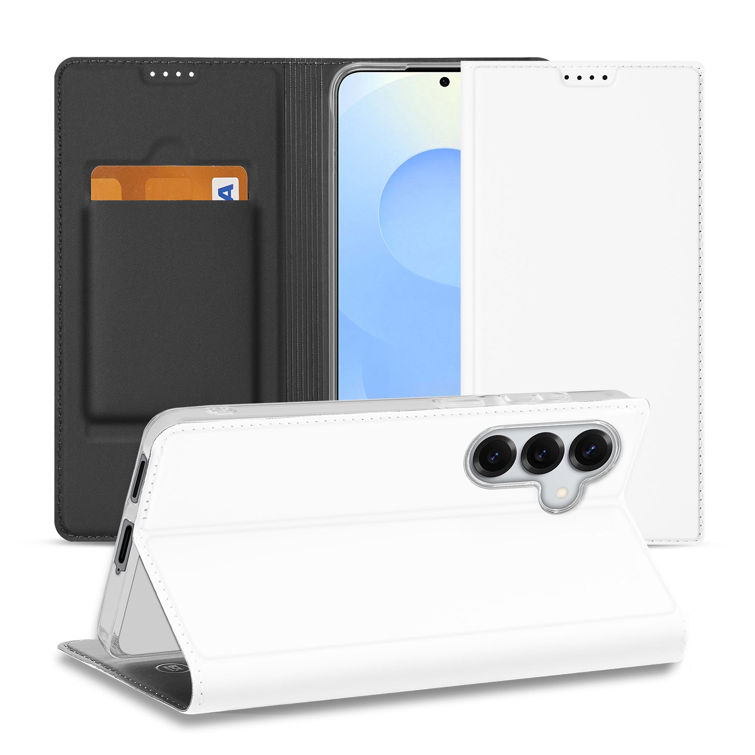 Samsung Galaxy S26 Stand Case Hoesje Wit met kaartvak en magneetsluiting vooraanzicht.