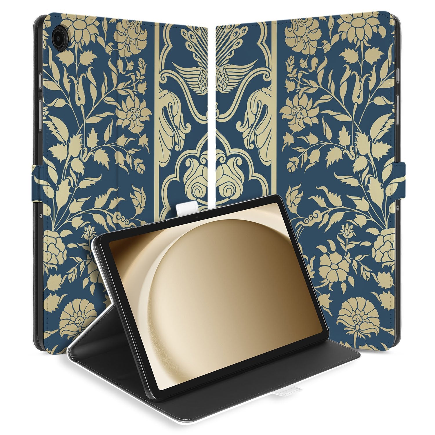 Samsung Galaxy Tab A11 Plus Book Case Hoesje met Standaard Beige Flowers design bloemen aanzicht open