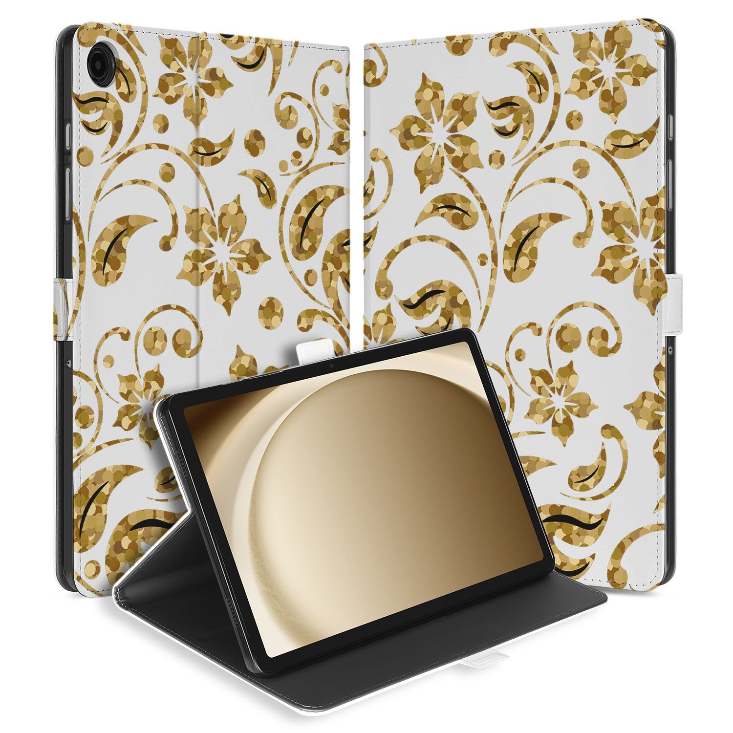 Samsung Galaxy Tab A11 Plus Book Case Hoesje met Standaard Gouden Bloemen design gouden bloemen aanzicht