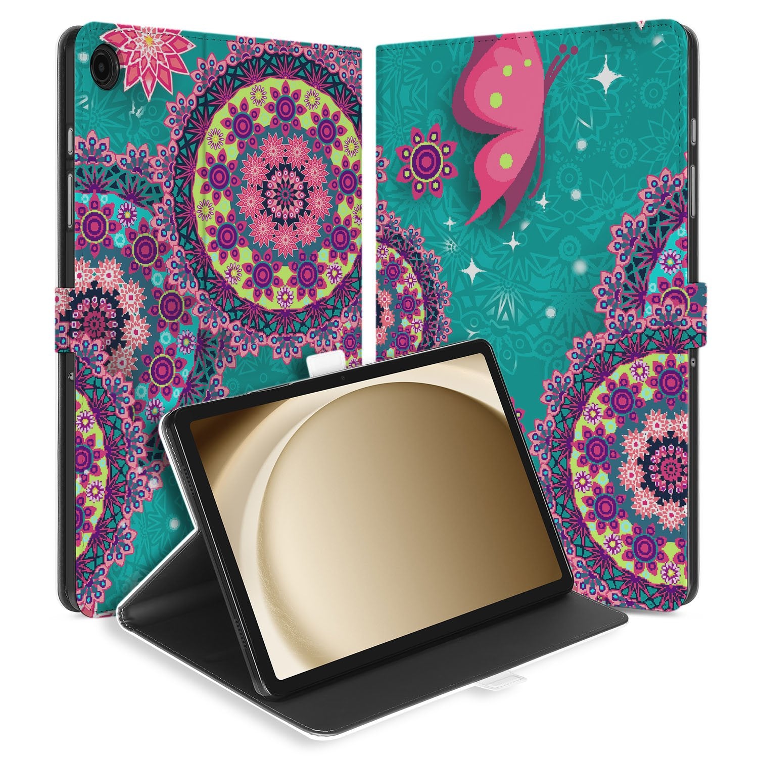 Samsung Galaxy Tab A11 Plus Tablet Hoesje Cirkels en Vlinders met Standaard voorkant en achterkant