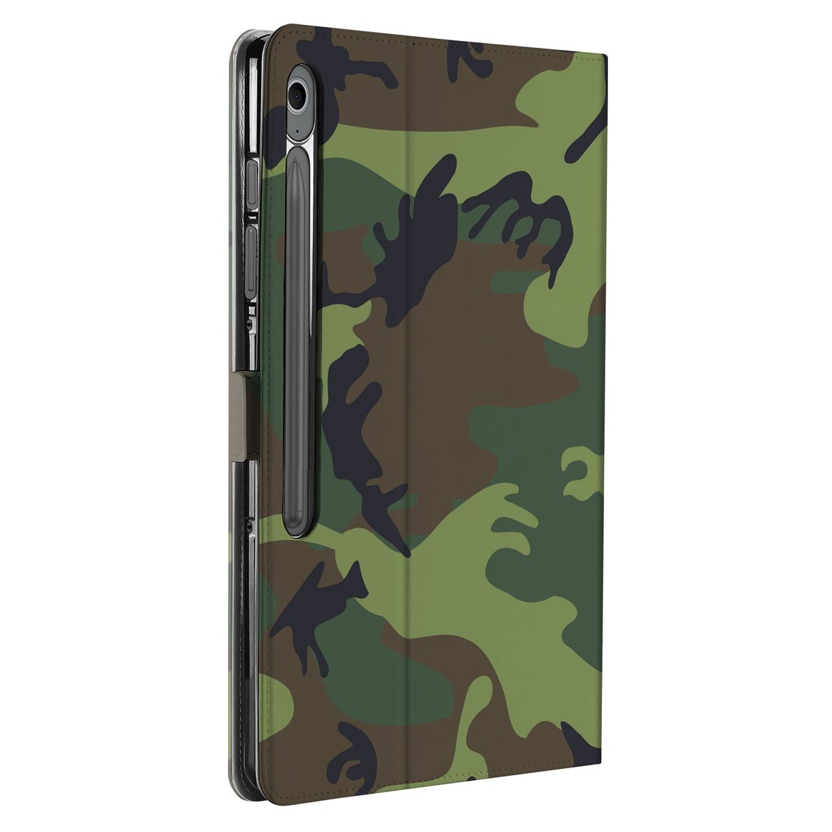 Samsung Galaxy Tab S10 FE Plus Book Case Hoesje met Standaard Army Dark camouflage design vooraanzicht