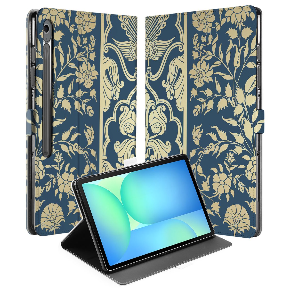 Samsung Galaxy Tab S10 FE Plus Book Case Hoesje met Standaard Beige Flowers voorkant design opengeslagen