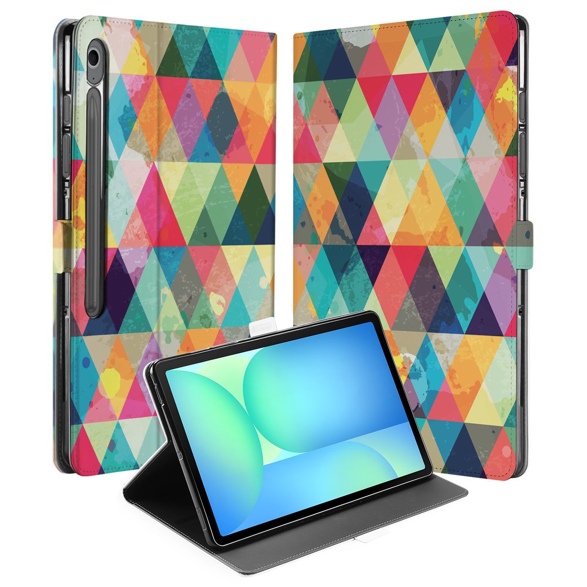 Samsung Galaxy Tab S10 FE Plus Book Case Hoesje met Standaard Geruit kleurrijk geometrisch design vooraan en achteraan