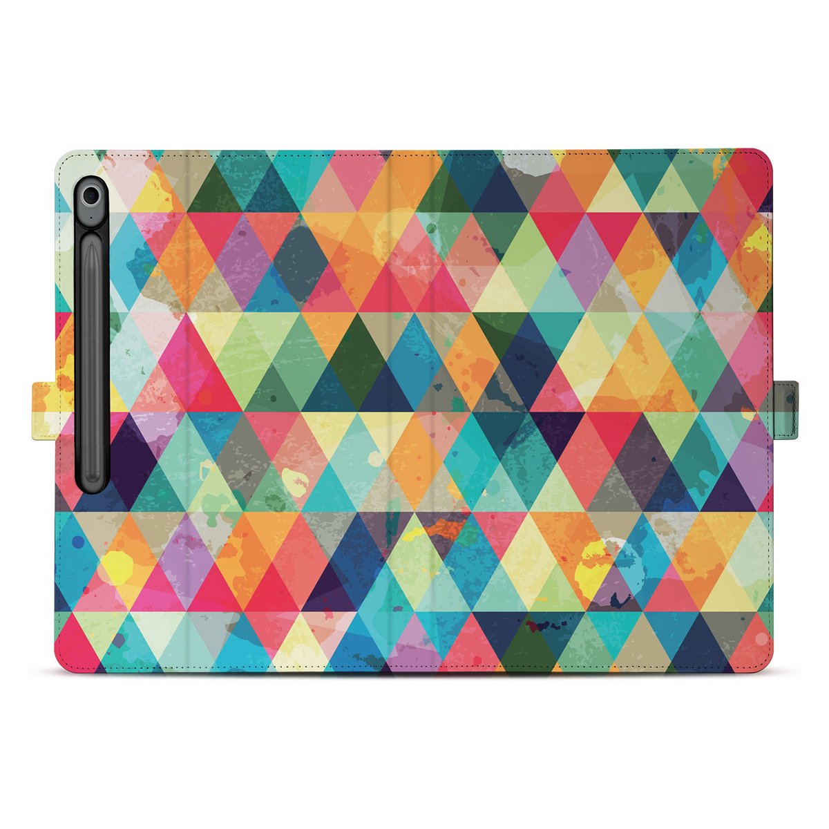 Samsung Galaxy Tab S10 FE Plus Book Case Hoesje met Standaard Geruit kleurrijk geometrisch design aanzicht