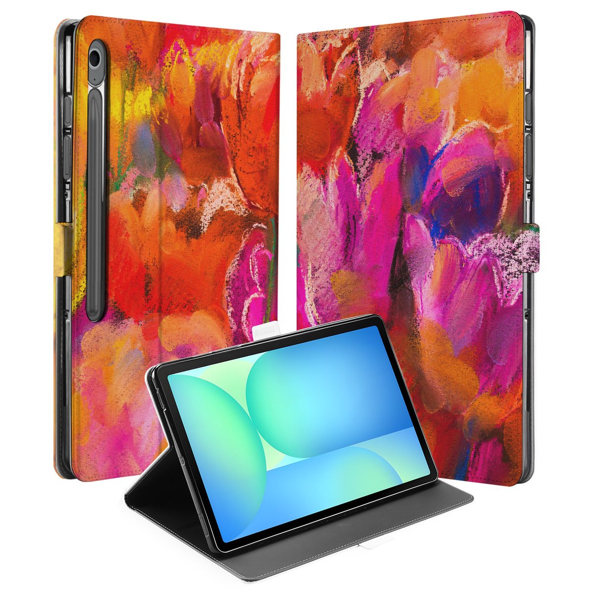Samsung Galaxy Tab S10 FE Plus Book Case Hoesje met Standaard Tulips kleurrijk ontwerp front en achterkant