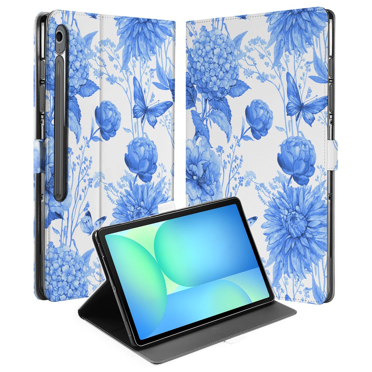 Samsung Galaxy Tab S10 FE Plus Tablet Hoesje Flower Blue met Standaard design bloemen aanzicht