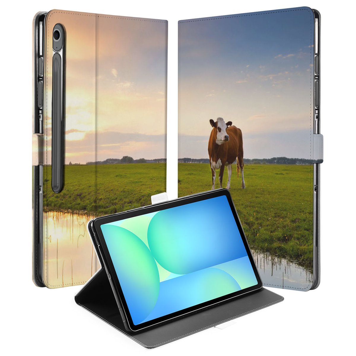 Samsung Galaxy Tab S10 FE Plus Tablet Hoesje Koe met Standaard koe landschap voor en achterzijde