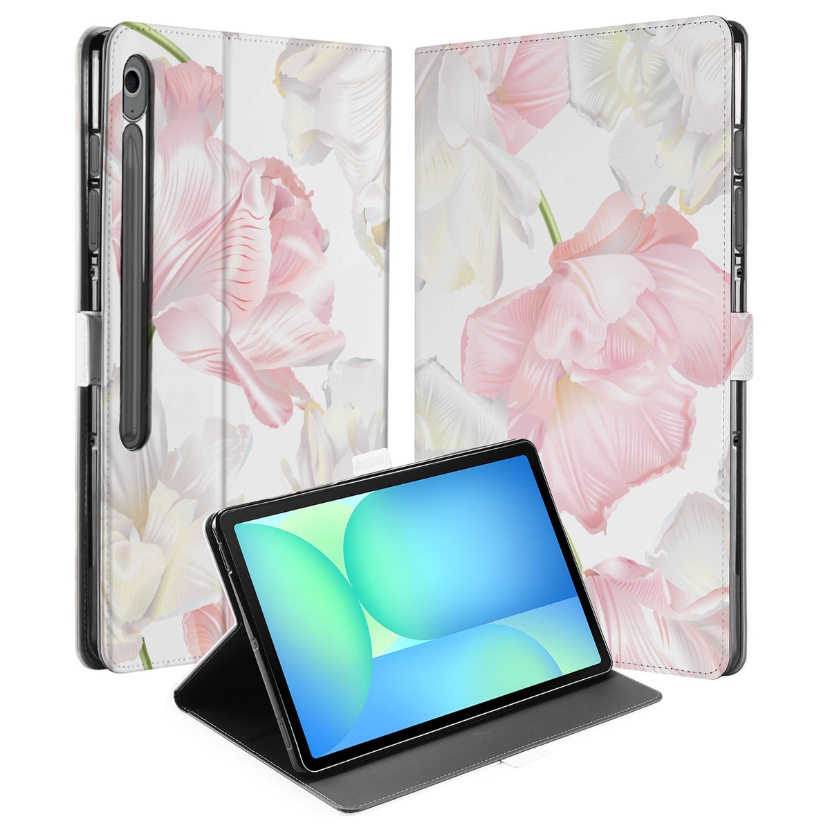 Samsung Galaxy Tab S10 FE Plus Tablet Hoesje Lovely Flowers met Standaard uitzicht voorkant achterkant