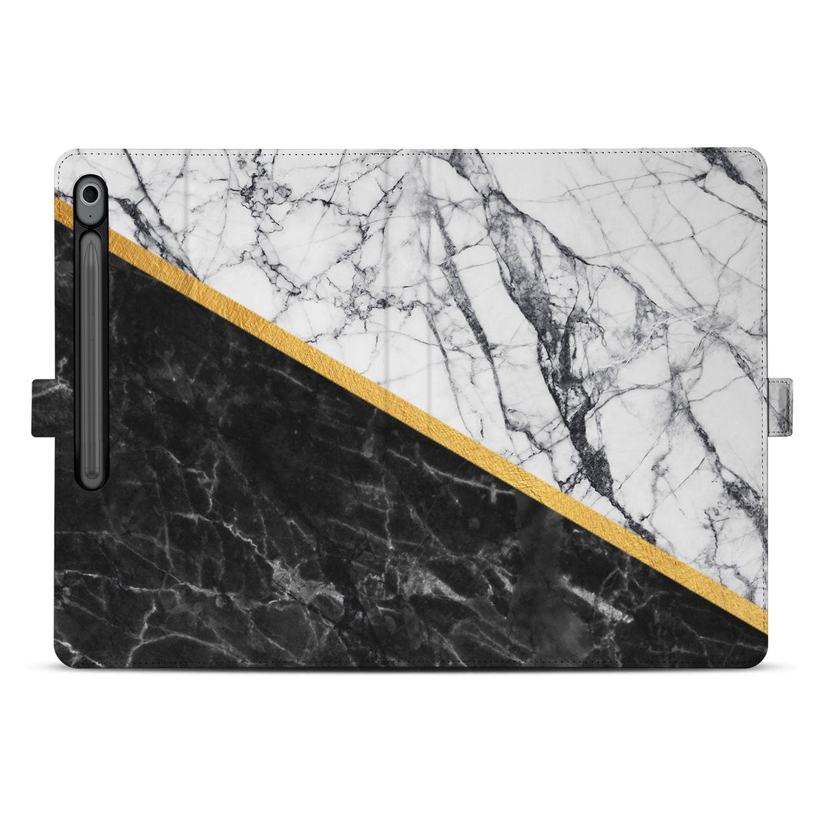Samsung Galaxy Tab S10 FE Plus Tablet Hoesje Marble White Black met Standaard design marble zwart wit goud aanzicht