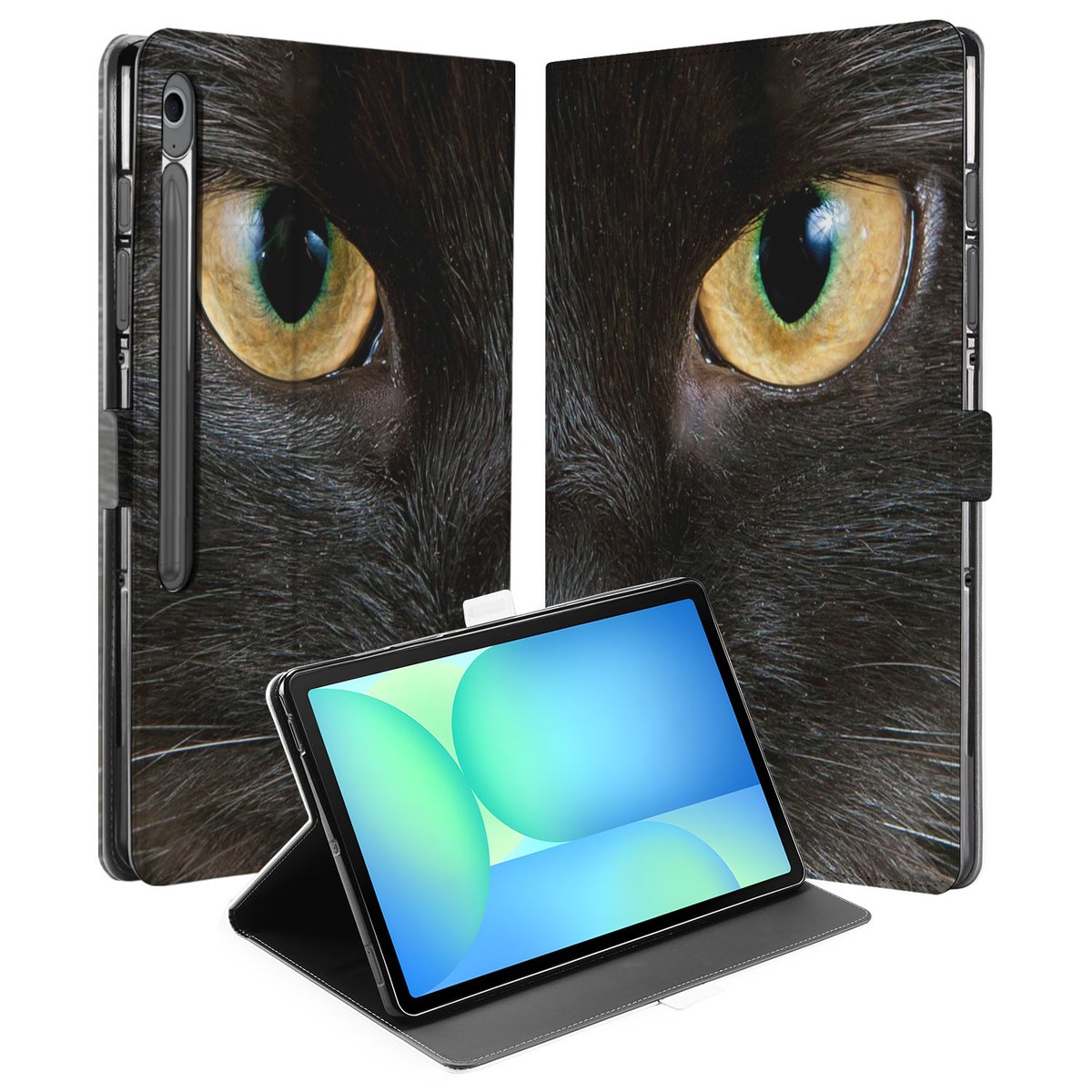Samsung Galaxy Tab S10 FE Plus Tablet Hoesje Zwarte Kat met Standaard zwart kat design vooraanzicht