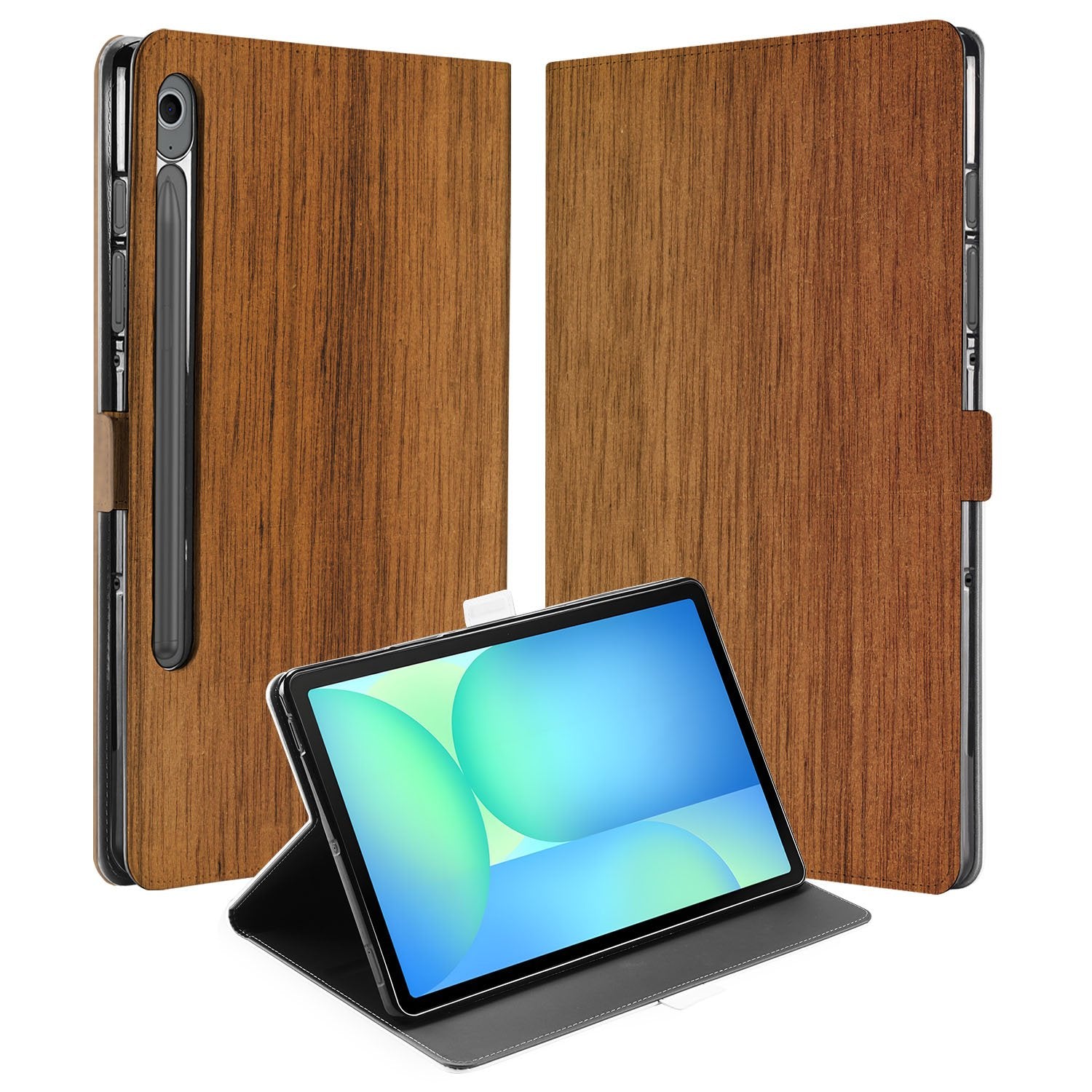 Samsung Galaxy Tab S10 FE Tab S9 FE Book Case Hoesje met Standaard Donker Hout voorkant achterzijde
