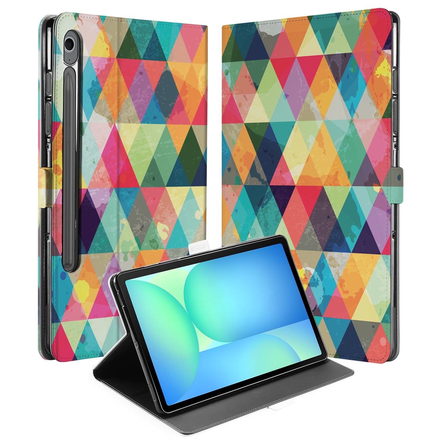Samsung Galaxy Tab S10 FE | Tab S9 FE Book Case Hoesje met Standaard Geruit kleurrijk geometrisch design aanzicht
