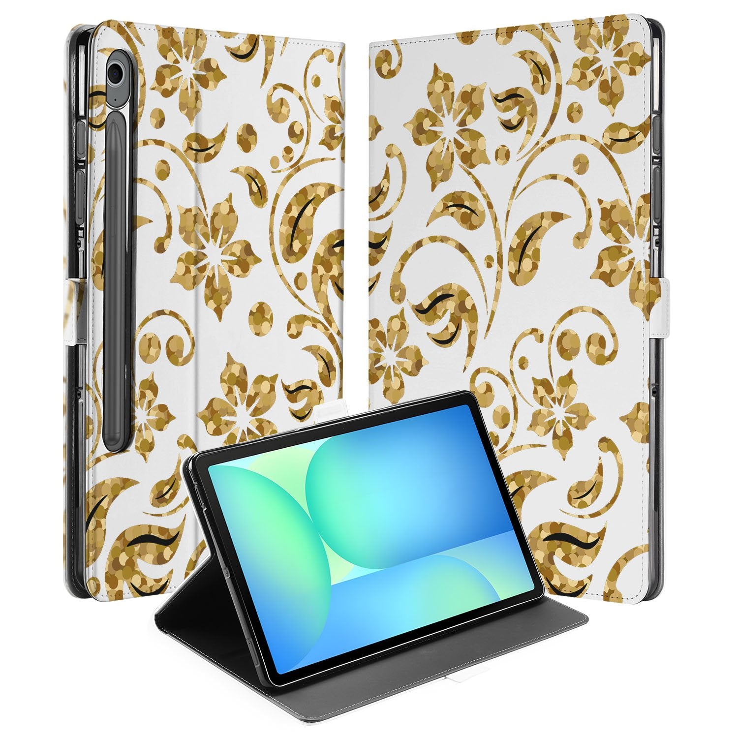 Samsung Galaxy Tab S10 FE Tab S9 FE Book Case Hoesje met Standaard Gouden Bloemen design voorkant en achterkant