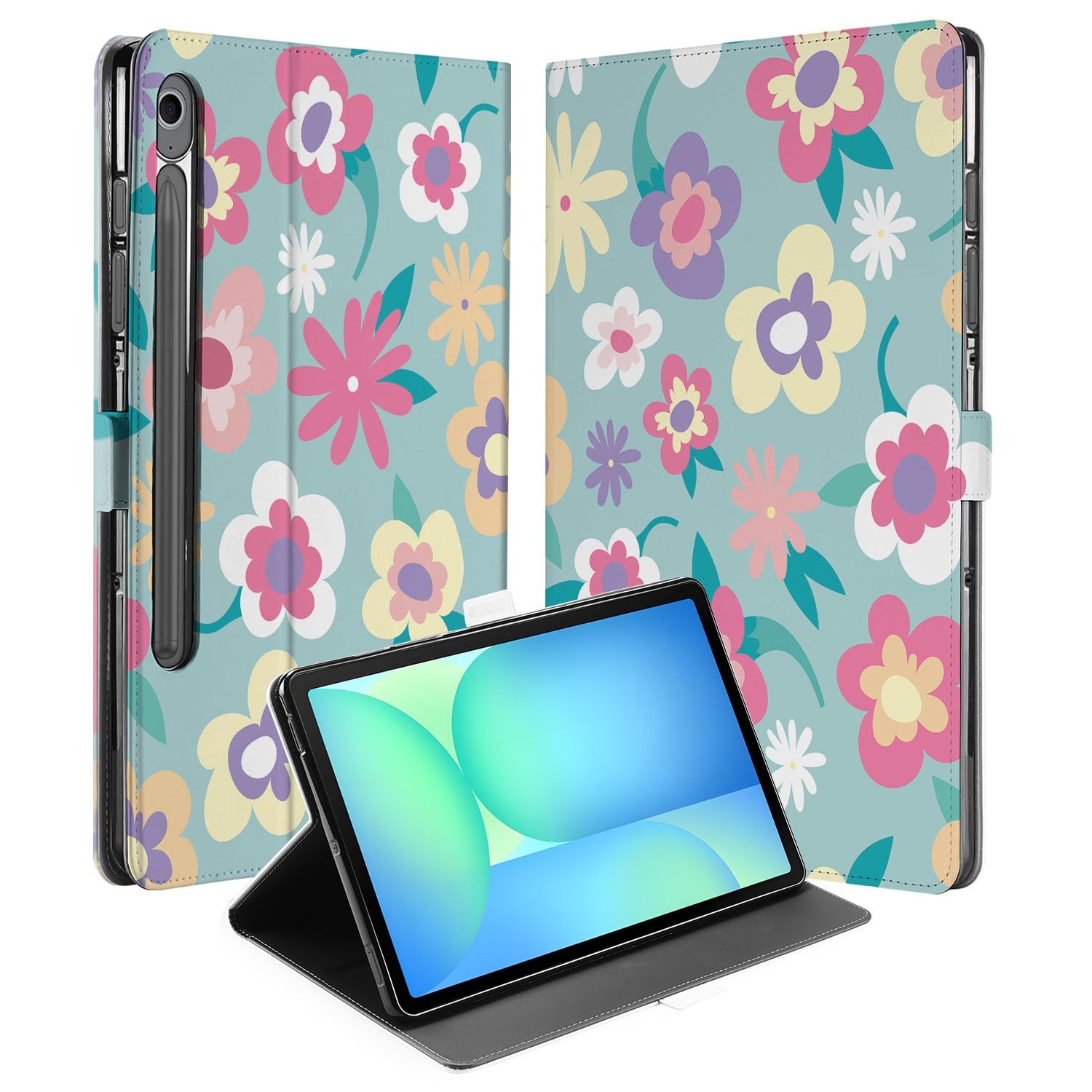 Samsung Galaxy Tab S10 FE | Tab S9 FE Tablet Hoesje Flower Power met Standaard bloemen ontwerp front achterkant