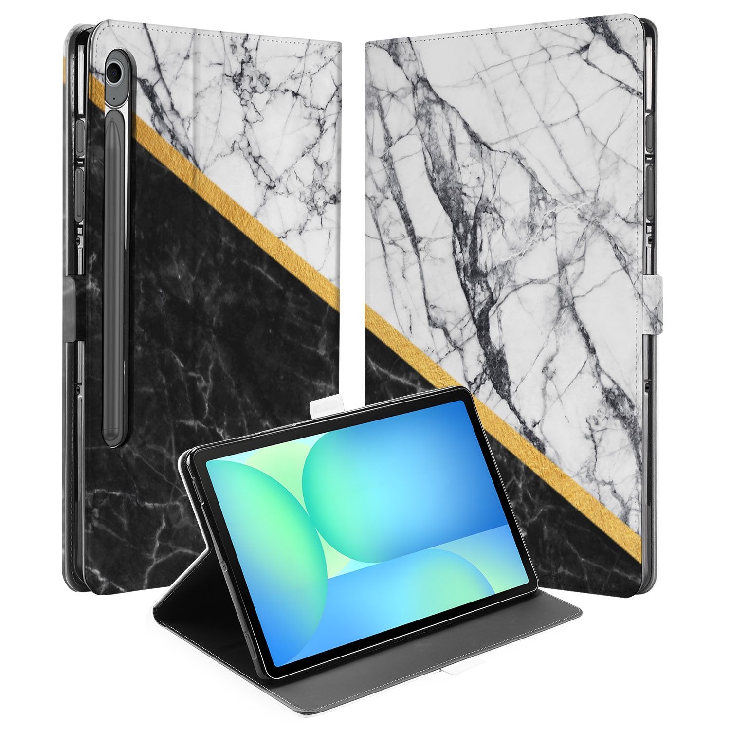 Samsung Galaxy Tab S10 FE | Tab S9 FE Tablet Hoesje Marble White Black met Standaard design marble zwart wit aanzicht