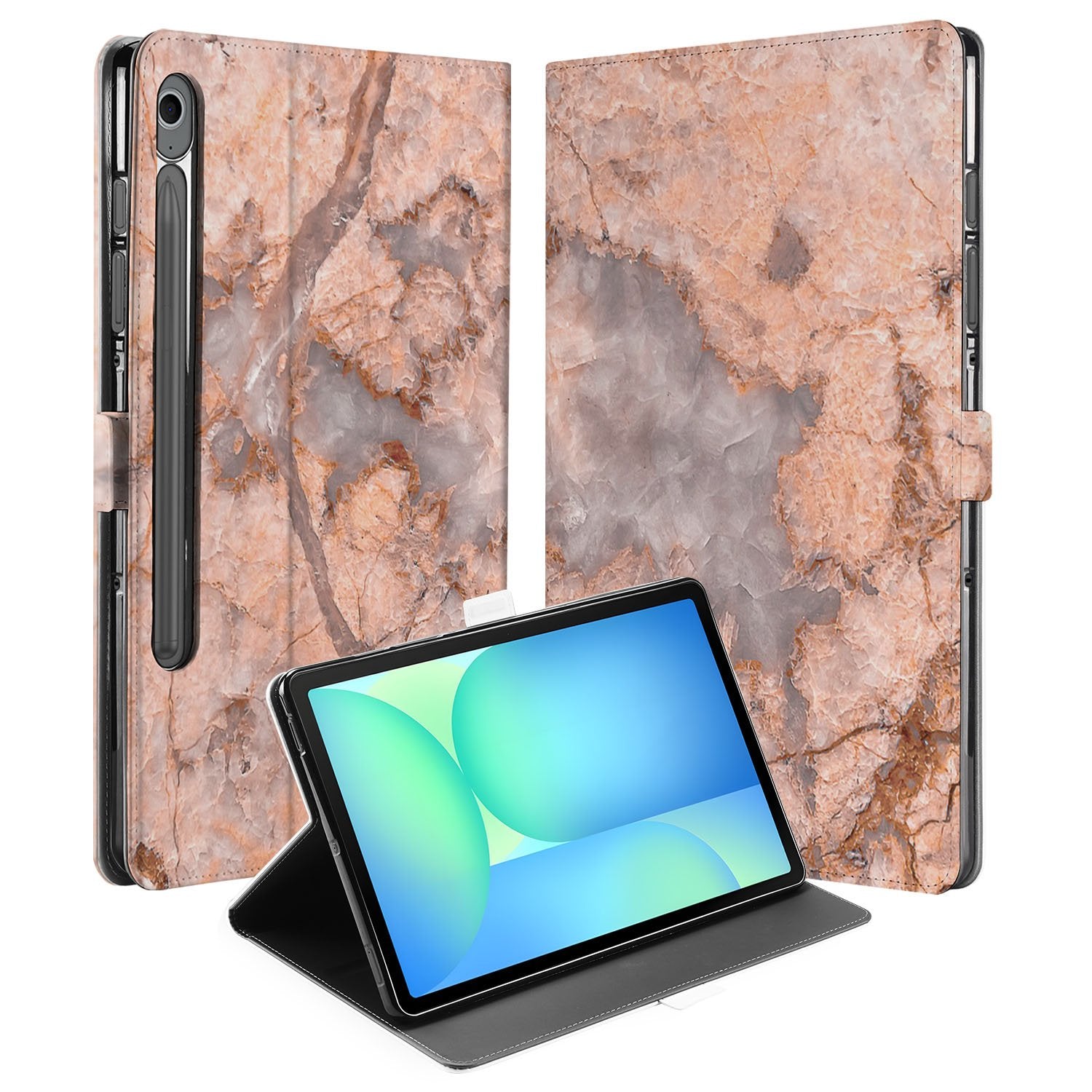 Samsung Galaxy Tab S10 FE | Tab S9 FE Tablet Hoesje Marmer Oranje met Standaard voorkant achterkant