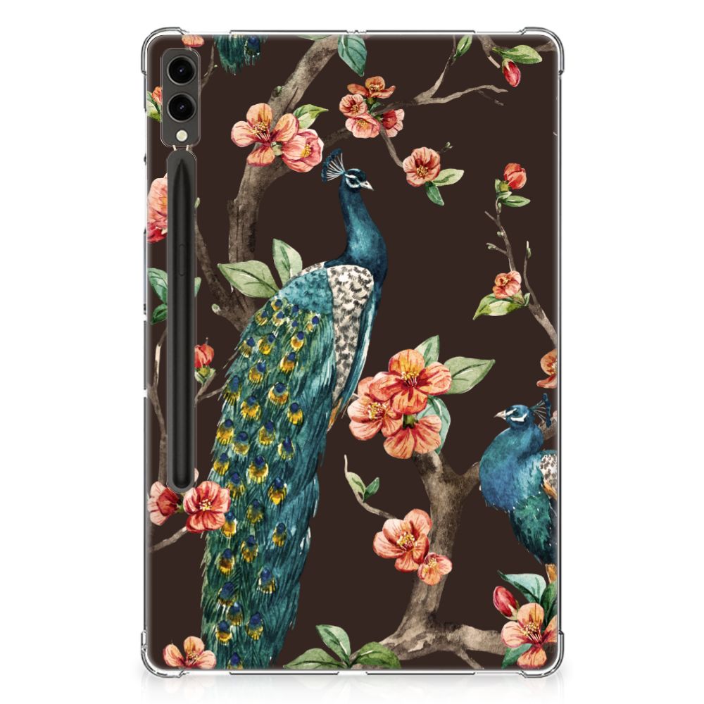 Samsung Galaxy Tab S9 Plus Back Case Pauw met Bloemen met kleurrijke bloemen en trotse pauwen 🌸