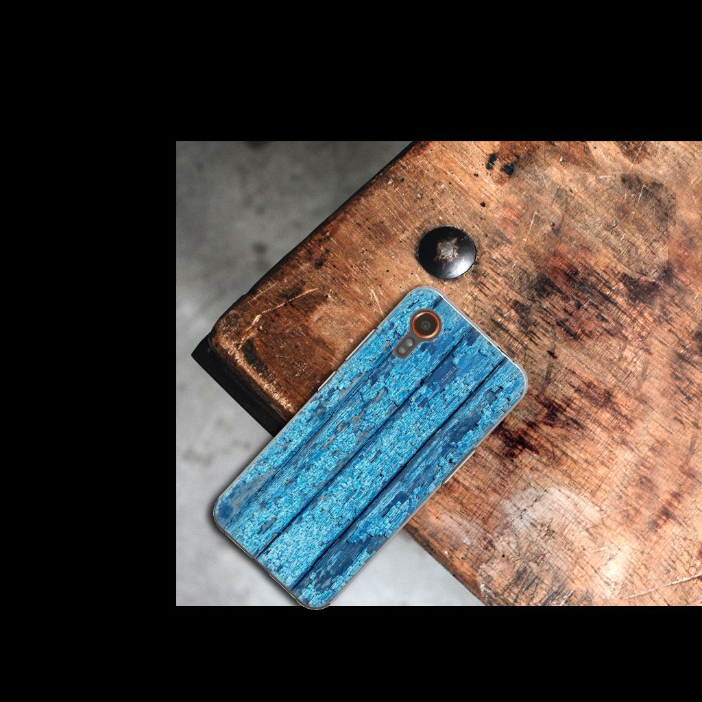 Samsung Galaxy Xcover 7 Bumper Hoesje Wood Blue achterkant blauw hout
