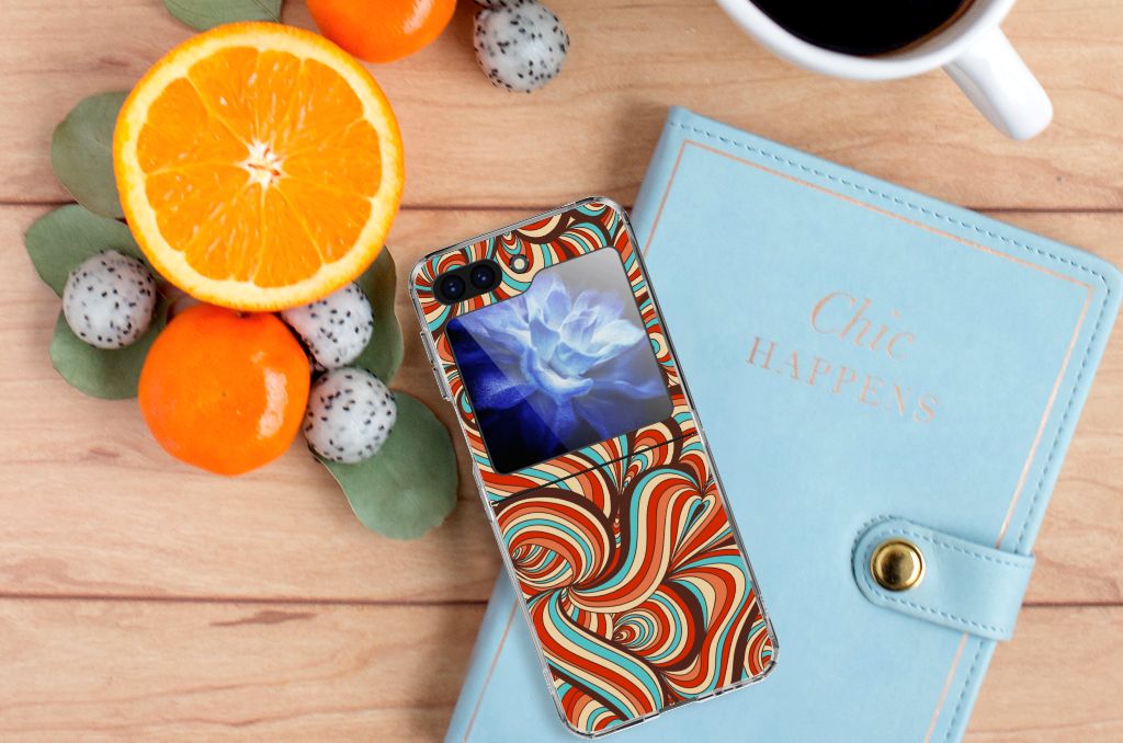 Samsung Galaxy Z Flip 5 Hoesje maken Retro met kleurrijk retro design en bloemenafbeelding, ideaal cadeau voor bescherming.