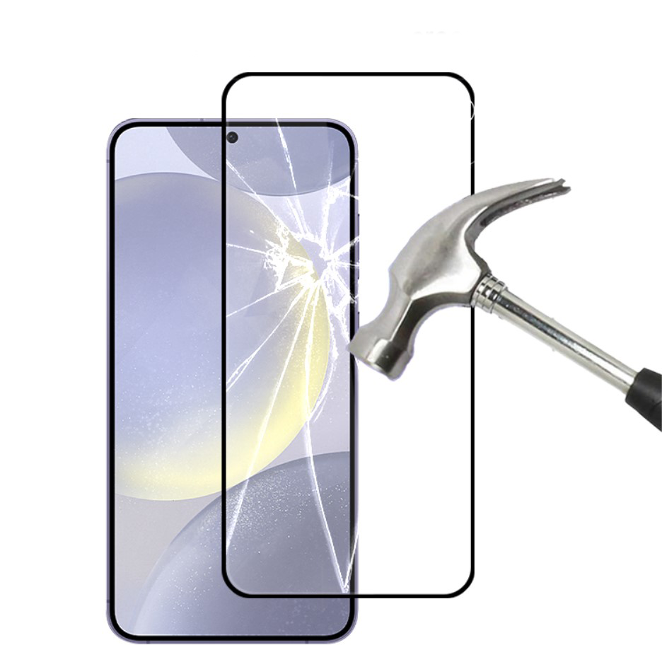 Samsung Galaxy A55 Screenprotector Full Cover Glas beschadigd tegenover een hamer
