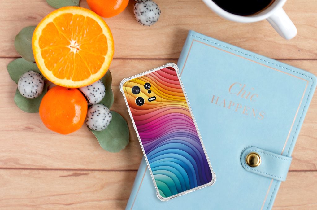 Xiaomi 13 Shockproof Case Regenboog bovenaanzicht met fruit en notitieboek