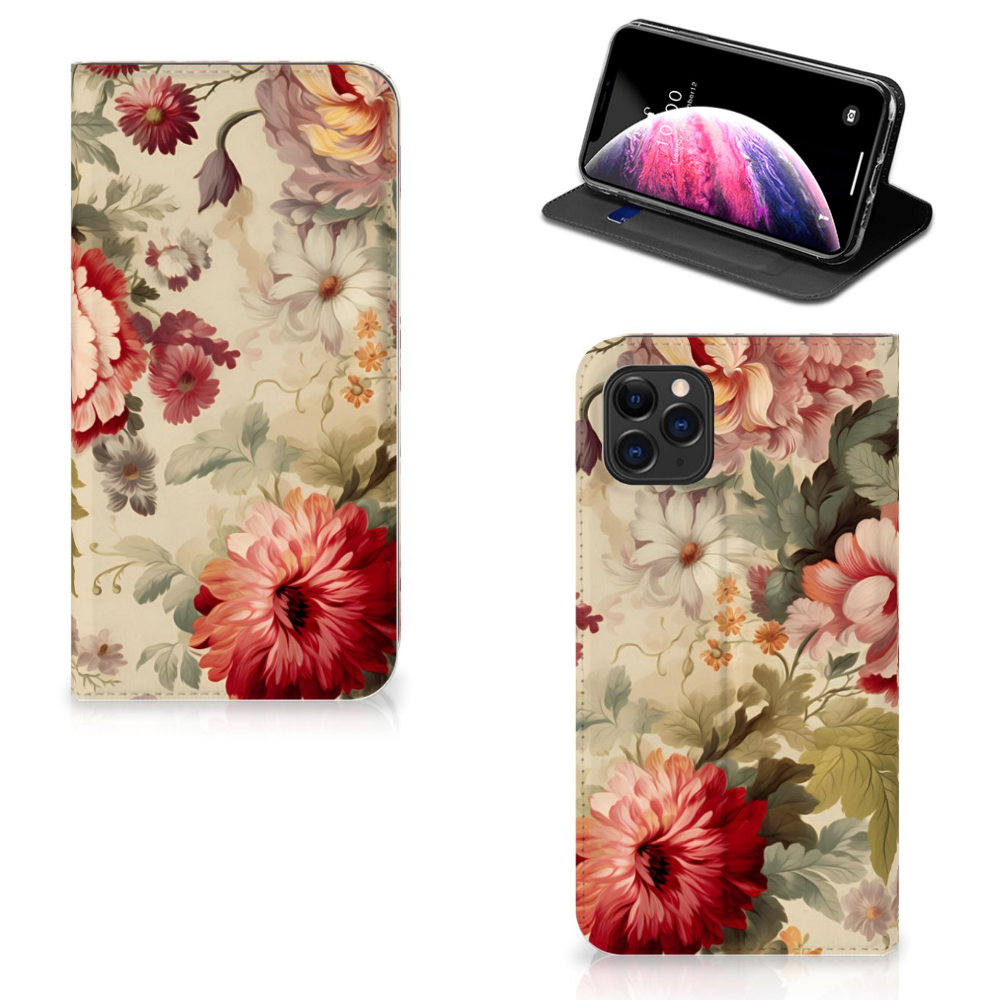 Smart Cover voor Apple iPhone 11 Pro Max Bloemen met prachtige bloemenprint en een ruimte voor een pasje đ¸.