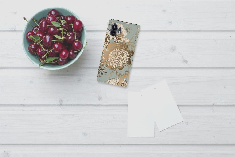 Smart Cover voor Nothing Phone (2) Vintage Bird Flowers bovenaanzicht met kersen en blanco kaartjes