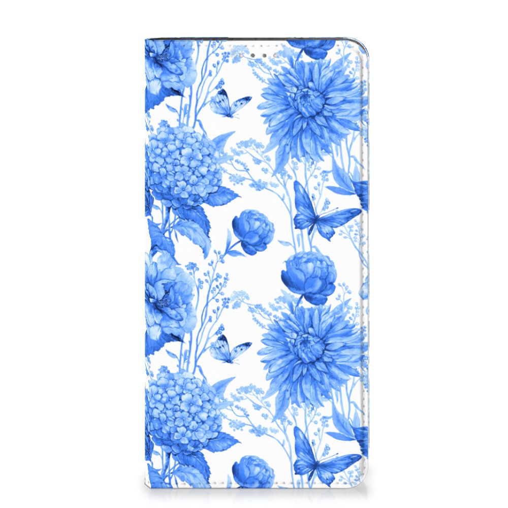 Samsung Galaxy A14 4G Smart Cover Flowers Blue voorkant bloemen dessin