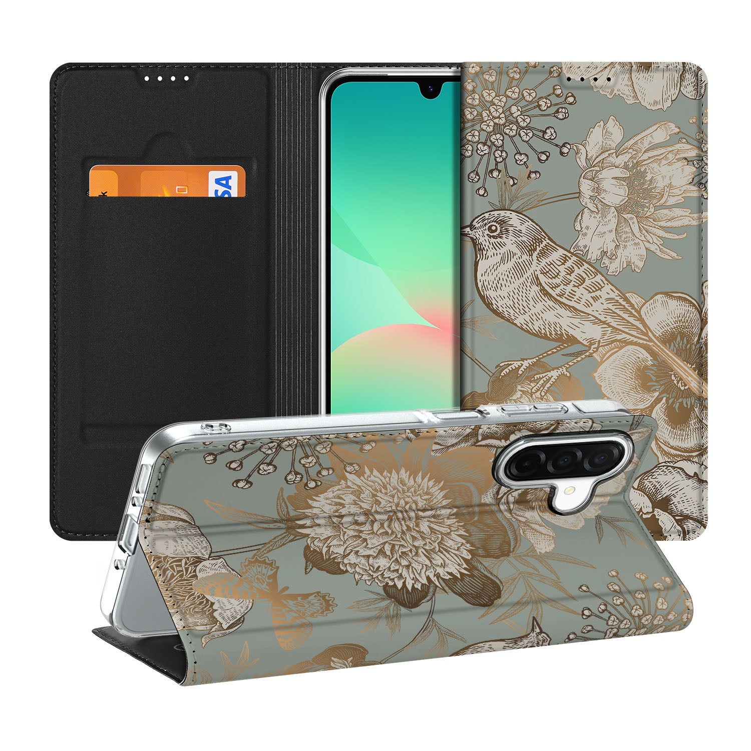 Samsung Galaxy A26 Smart Cover Vintage Bird Flowers voorkant en achterkant