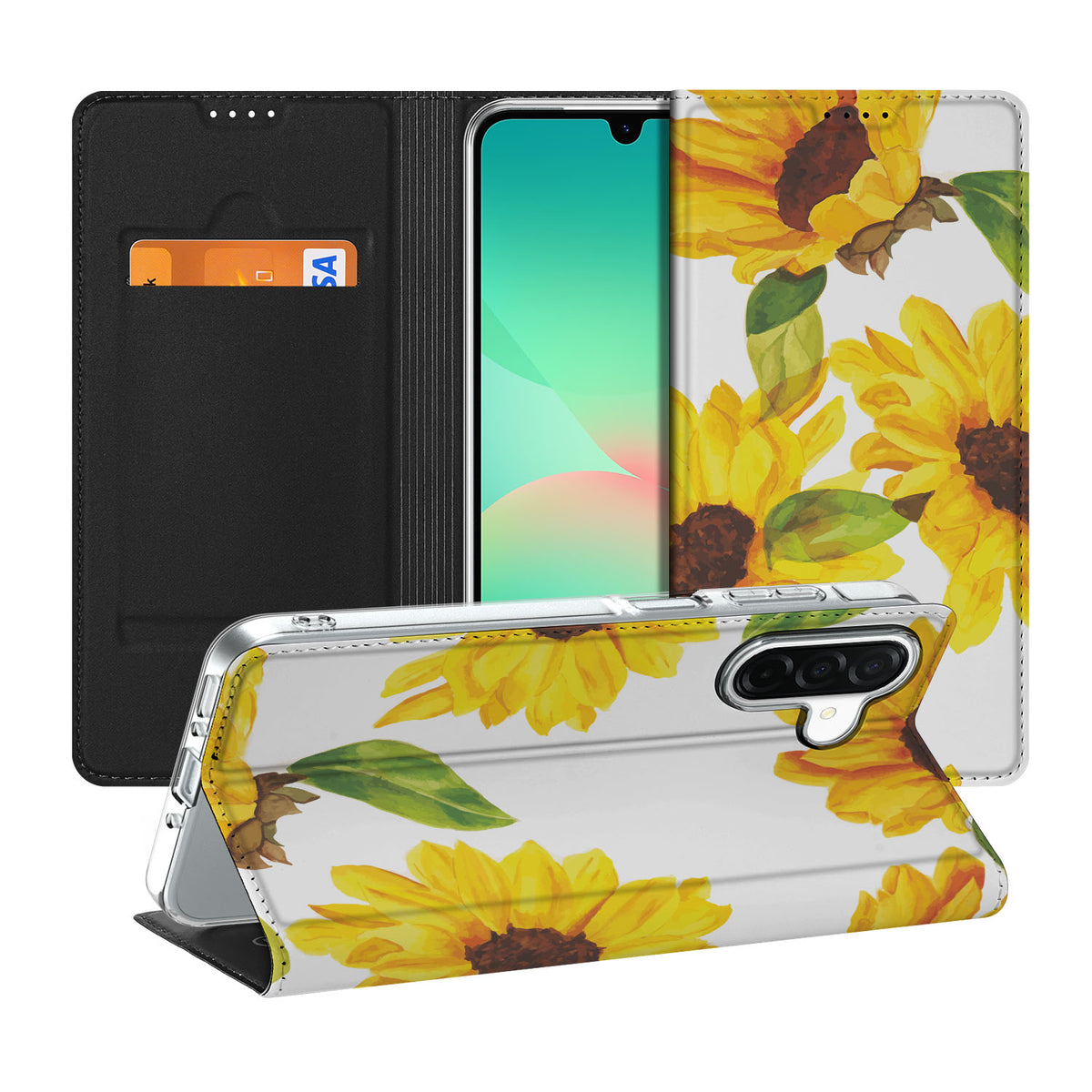 Samsung Galaxy A26 Smart Cover Zonnebloemen voorkant zijaanzicht