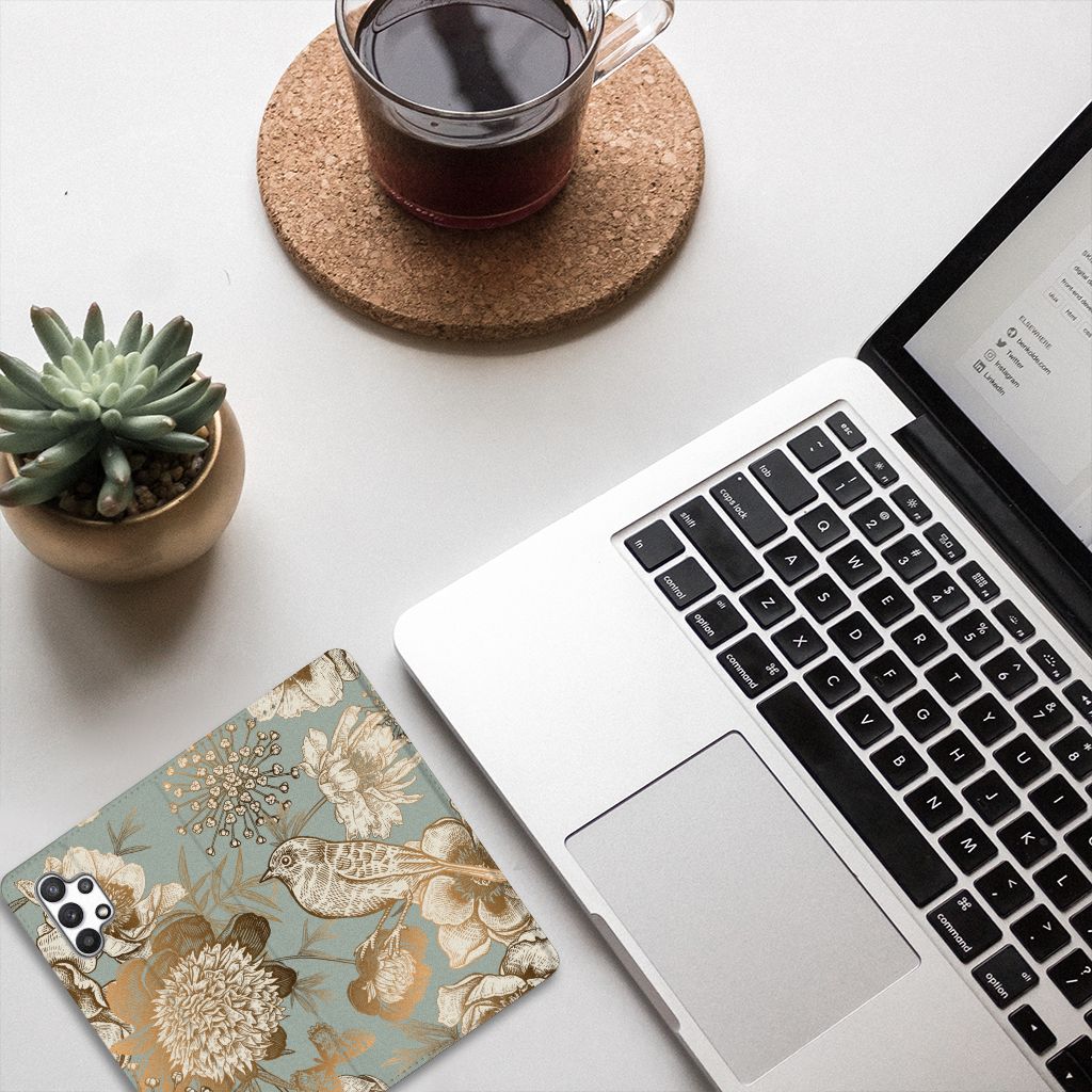Samsung Galaxy A32 4G | A32 5G Enterprise Editie Smart Cover Vintage Bird Flowers Vooraanzicht.