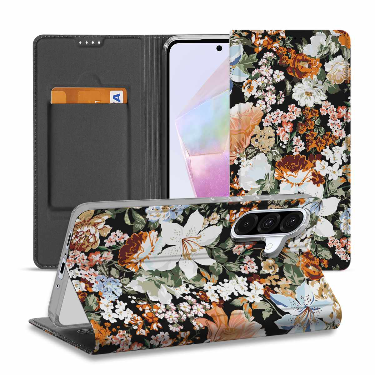Samsung Galaxy A56 A36 Smart Cover Dark Flowers voorzijde achterzijde